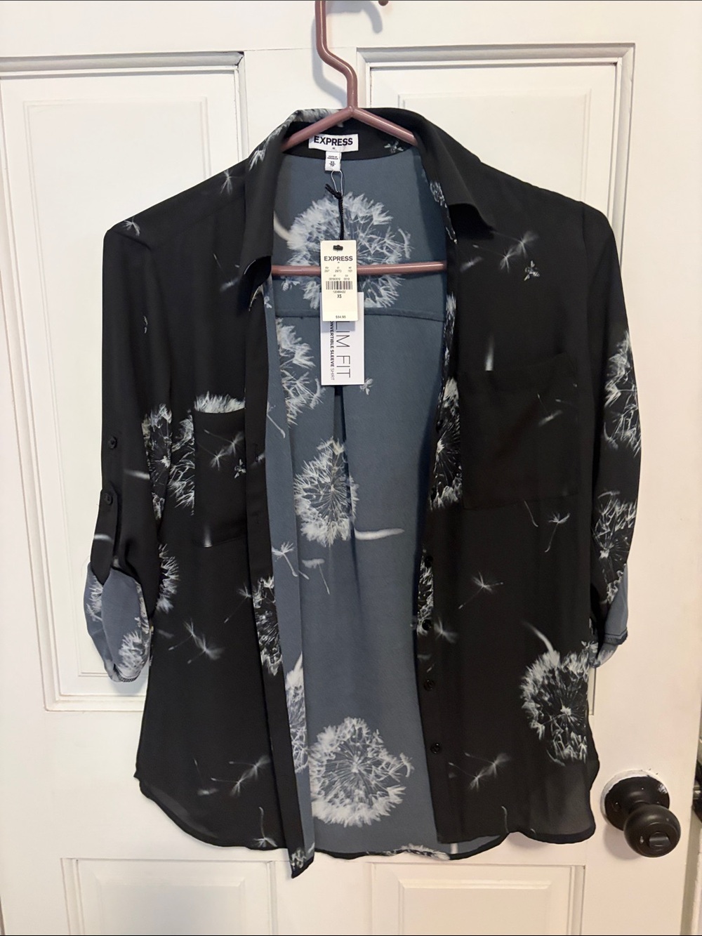 Express Men's Black and Gray Dandelion-Print Button-Down Shirt